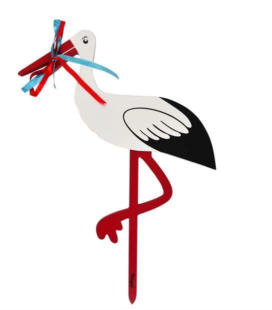 Magni Fødselsstork i Træ med Rødt og Blåt Bånd - Small - 55cm