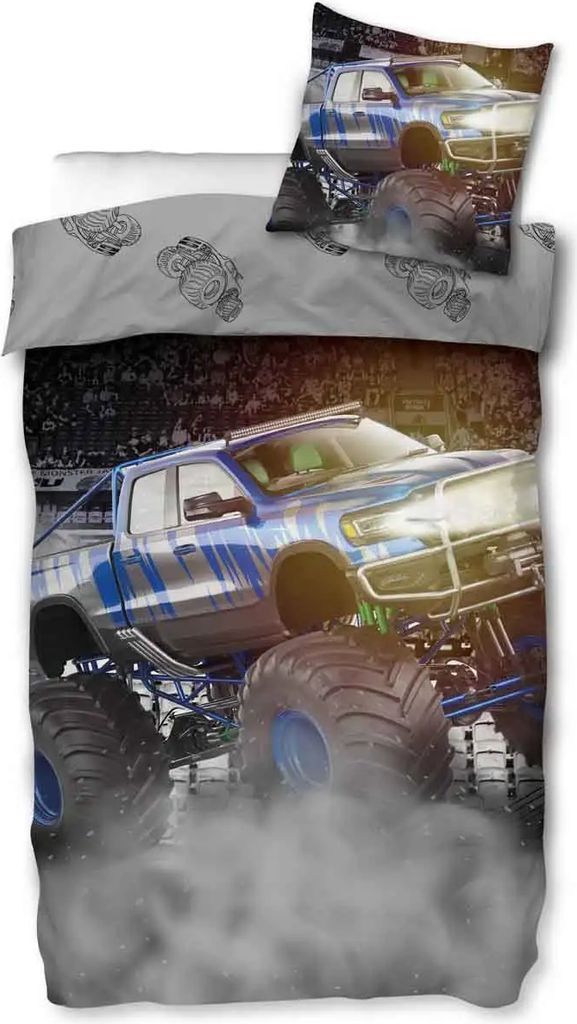 Monstertruck sengetøj - 100% bomuld - Børnesengetøj 140x200 cm - Grå