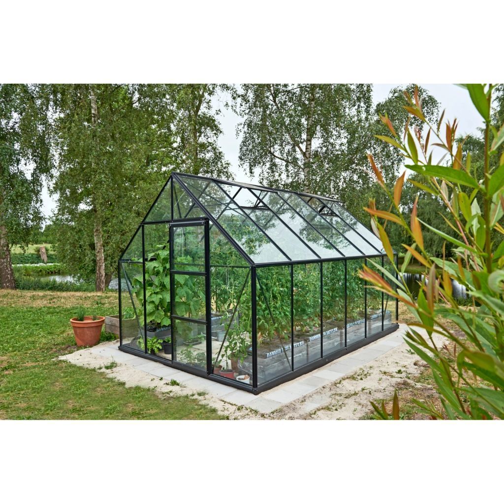 outrium drivhus inkl. sokkel 3 mm hærdet glas hele baner sort 9,9 m2