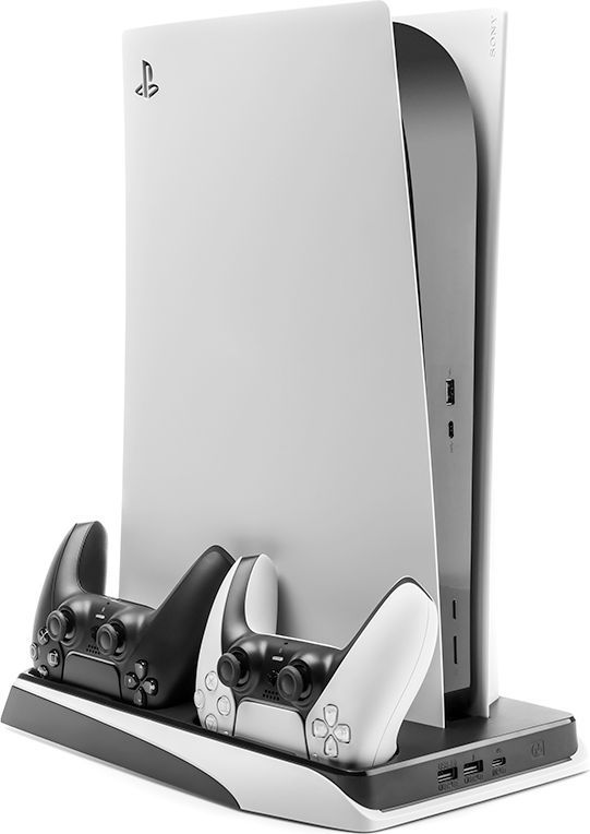 ps5 stander m. køling / 2 x usb-a / 2 x ps5 controller ladepladser - sort / hvid