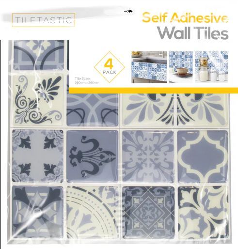 TileTastic - 4stk Selvklæbende Vægfliser 26x26cm - Lillablå Med Mosaic Motiver