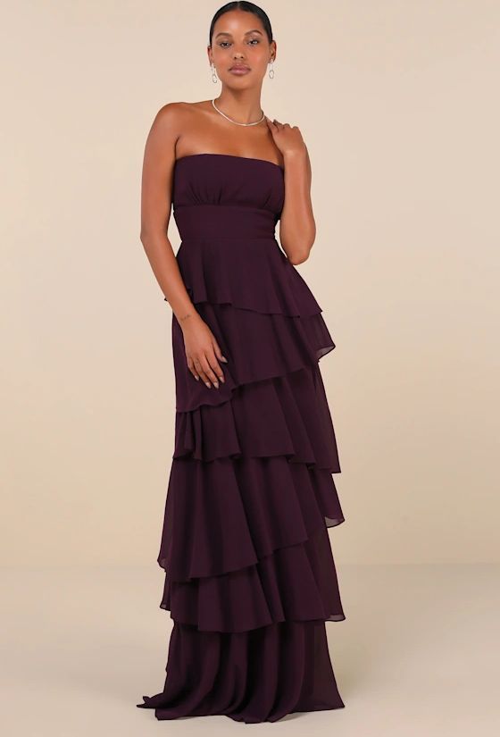 Lulus Essence Dark Purple Strapless Tiered Maxi Dress
