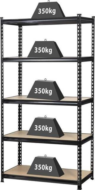 Toolcraft 1530556 Reol til tunge genstande 350 kg (B x H x T) 900 x 1800 x 450 mm Metal, MDF Trægulv Sort