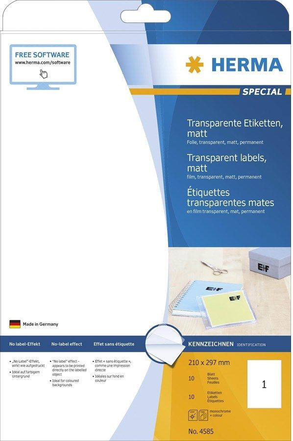 HERMA Transparent film labels matt A4 210 x 297 mm weatherproof permanent adhesion
