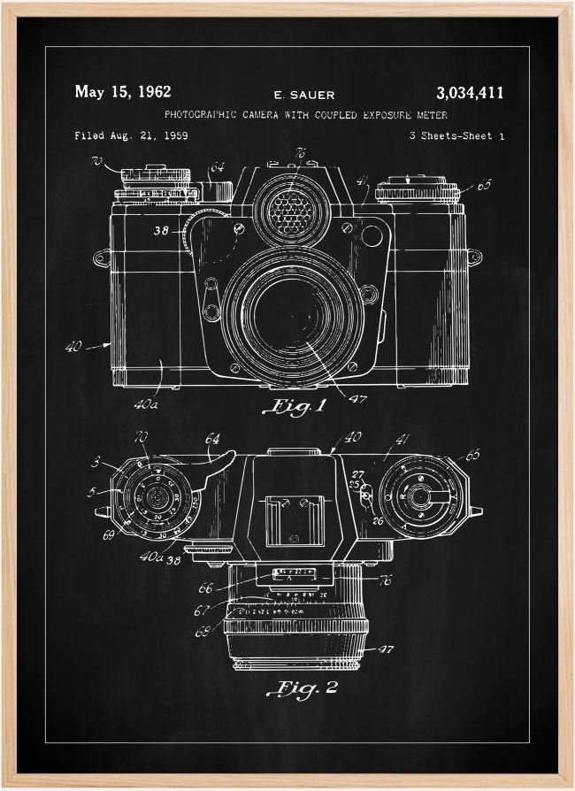 Patenttegning - Kamera I - Sort Plakat (21x29.7 cm (A4))
