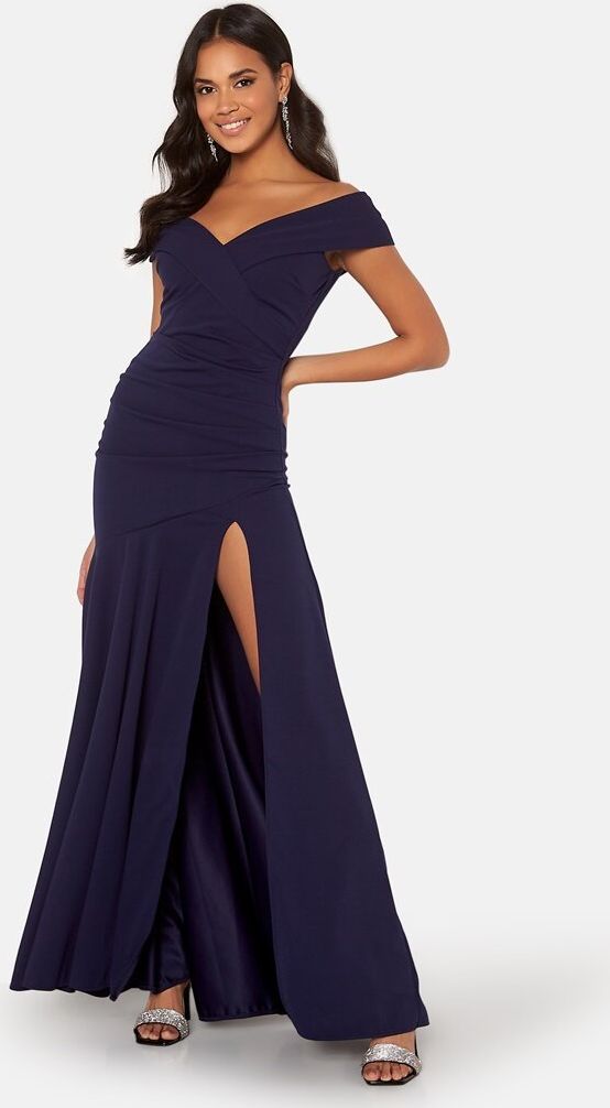 Goddiva Bardot Pleat Maxi Split Dress Navy UK12