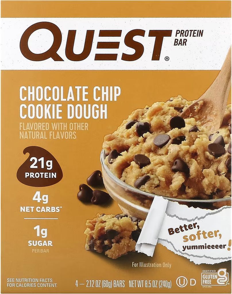 Quest Protein Bar, Chocolate Chip Cookie Dough, 21g Protein, Gluten Free, 4 Count