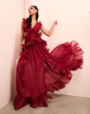 asos luxe - bordeaux maxikjole med dyb udskæring og åben ryg i rynket chiffon