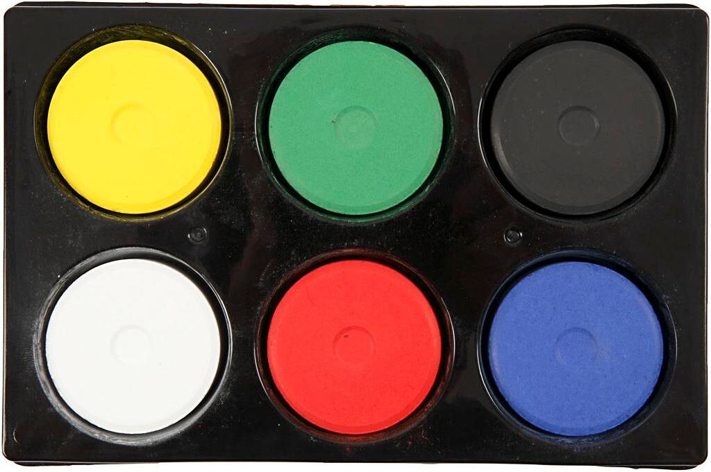 Vandfarve i palet, ø44 mm - 6 ass. primær farver i palette