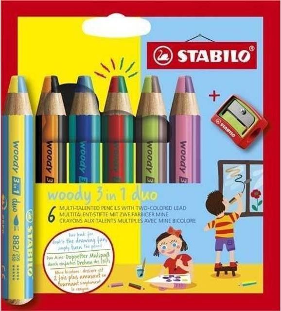 Stabilo Woody 3-i-1 Duo, tykke farveblyanter, 6 stk