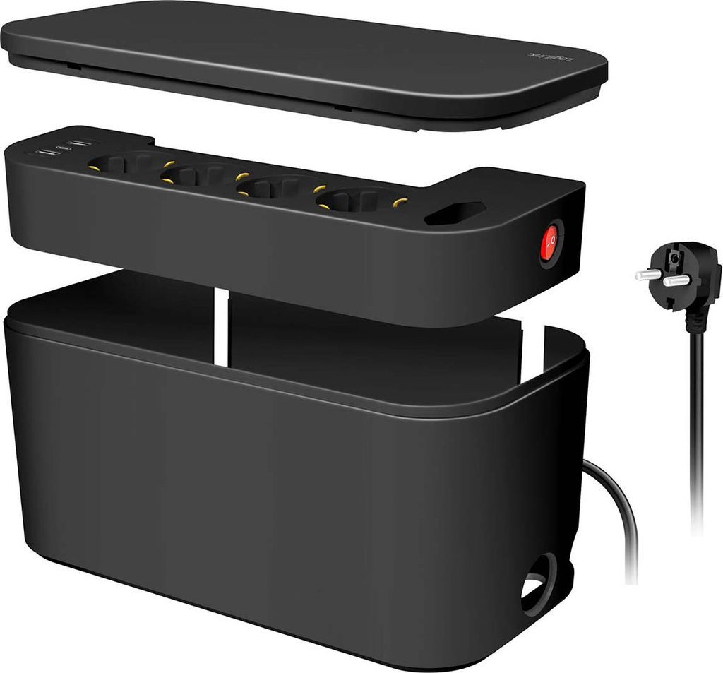 kabelboks sort med indbygget 5-vejs stikdåse og 3x usb