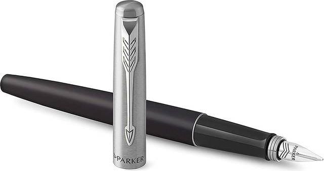 Parker Jotter-fyldepen, rustfrit stål med detaljer i krom, medium spids blå blæk, boblepakke