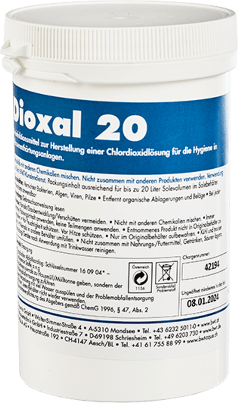 BWT Dioxal 20 desinfektionspulver til Aqa basic og life blødgøringsanlæg