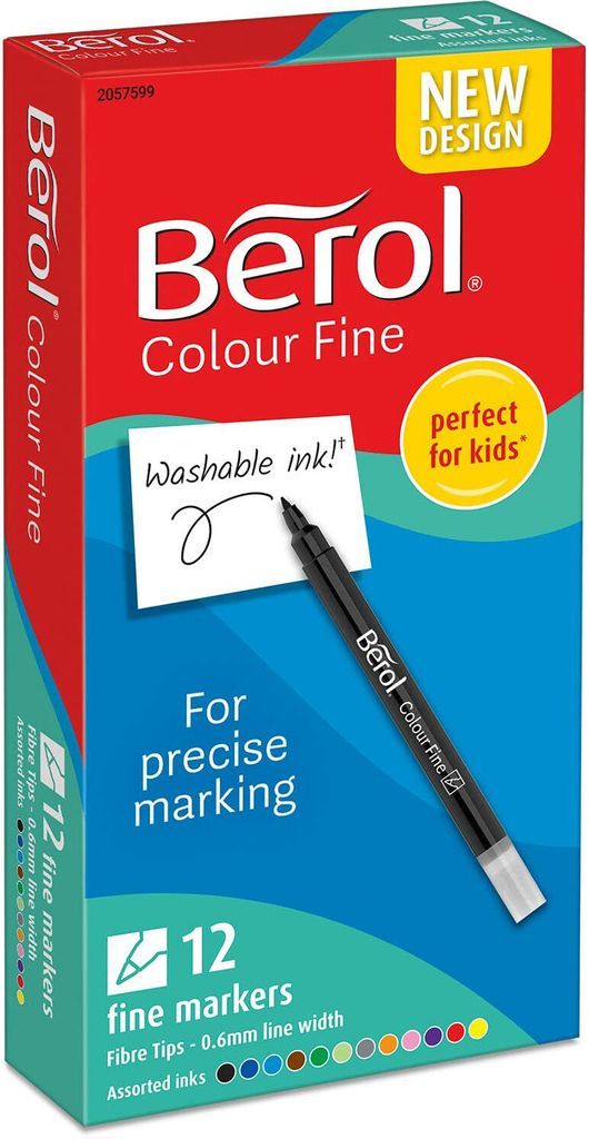 Berol filtspids farvetuscher, fin spids (0,6mm) vaskbar, sort, 12 stk