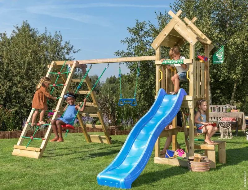 Jungle Gym Totem legetårn komplet inkl. gyngemodul og blå rutschebane 804-073S2B