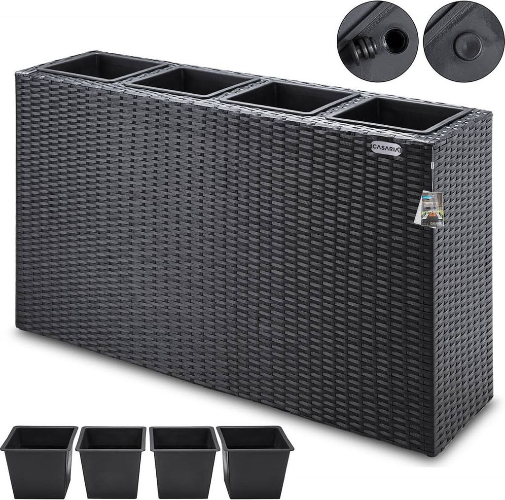 Blomsterkasse 4 inderpotter, polyrattan, aftagelig urtepotte, 95 x 27 x 60 cm, sort