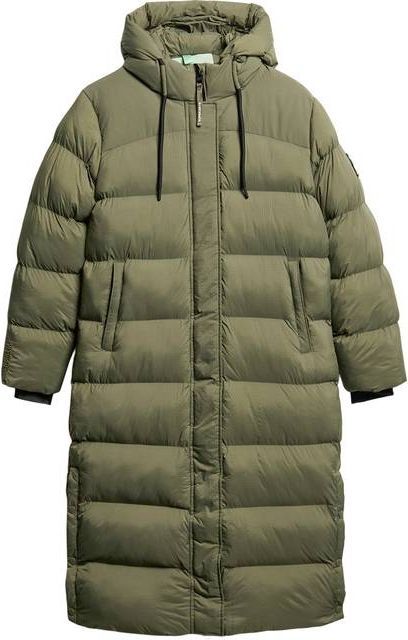 superdry dusty olive green grid rip-stop longline puffer coat