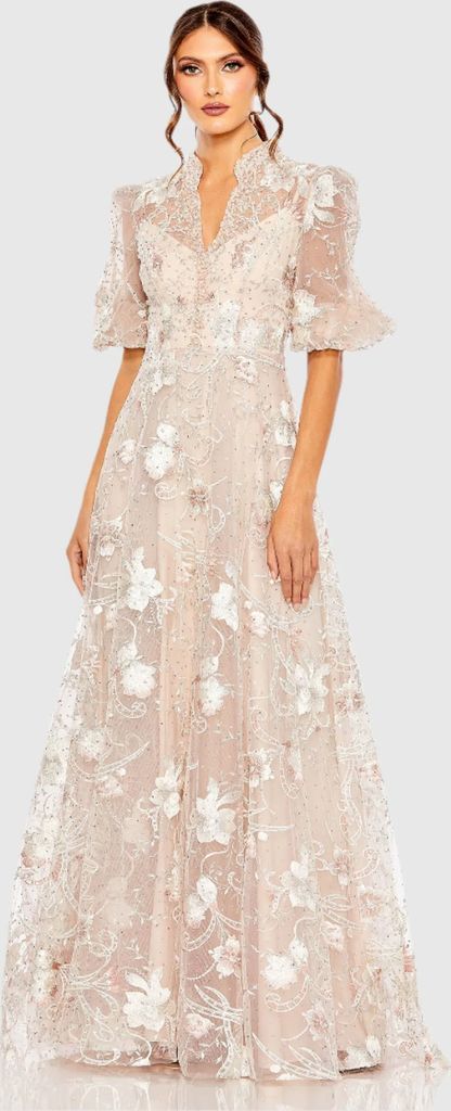 Pink Queen Anne Puff Sleeve A Line Gown