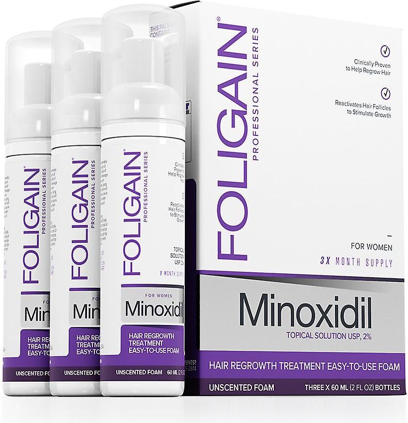 Foligain Minoxidil 2% Hair Regrowth Foam Three x 60 ML 2.0 FL OZ Bottles 3 Month Supply