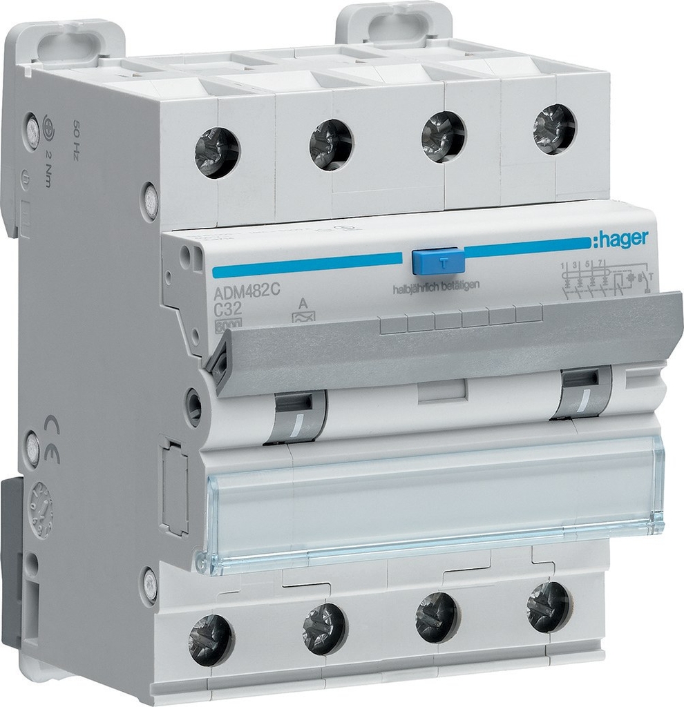 Hager ADM466C HPFI kombiafbryder C, 4P, 16A