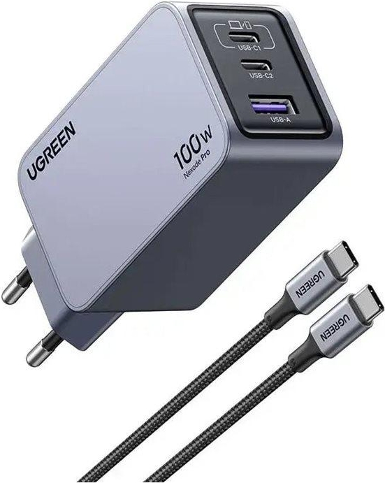Ugreen Nexode Pro EU 3-Port GaN PD Fast Charger With USB-C Cable Universel Sort, Grå Vekselstrøm Hurtig opladning Indendørs