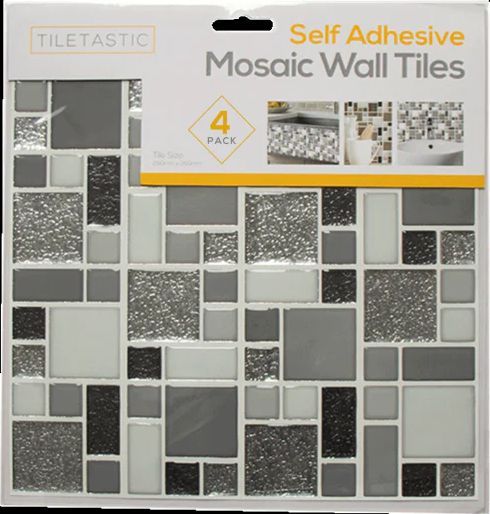 TileTastic - 4stk Selvklæbende Vægfliser 26x26cm - Sølv & Grå