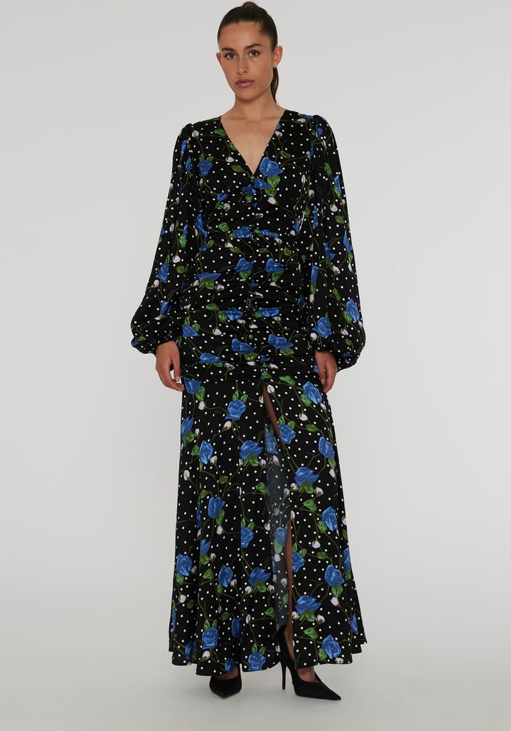 ROTATE Birger Christensen Satin Maxi Vneck Dress Kvinde Dot Stemed Rose + Tap Shoe Comb. Lange Kjoler Str 36 - hos Magasin