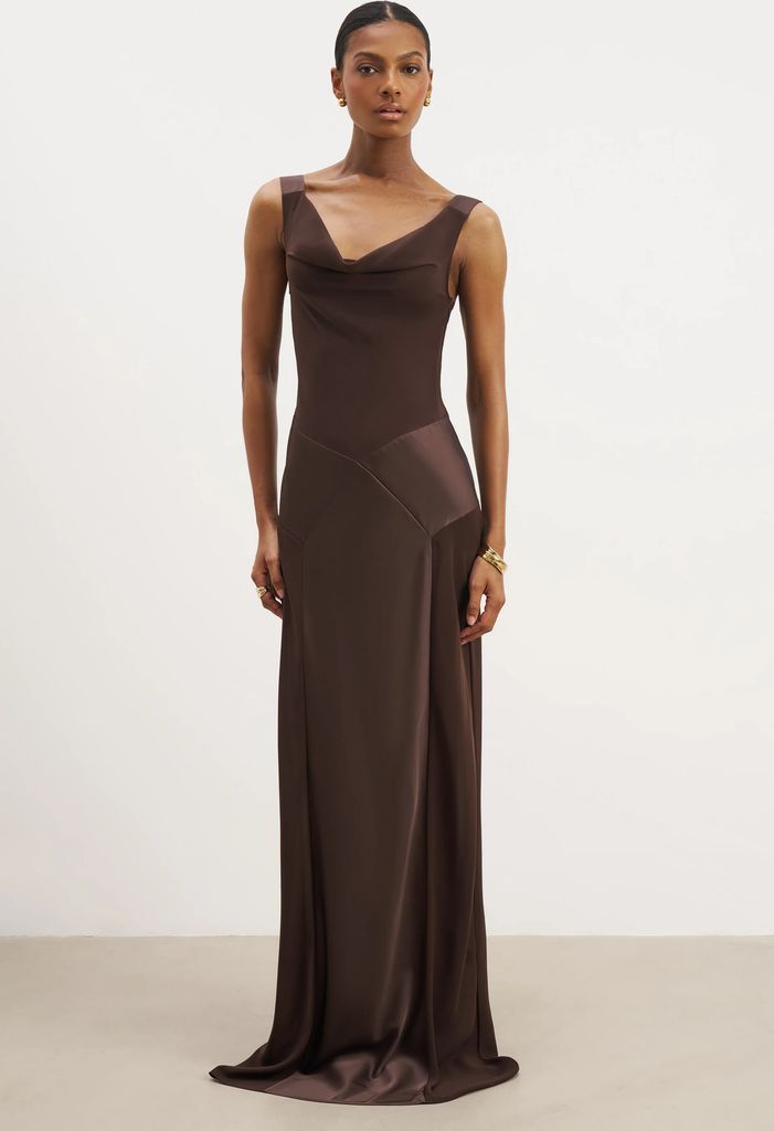 Cowl Neck Satin Panel Gown - Carob