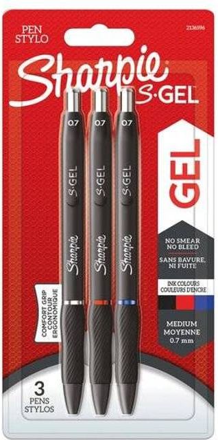 Sharpie Gelpenne S-Gel sort, blå, rød 0,7mm 3-Blister 12 stk