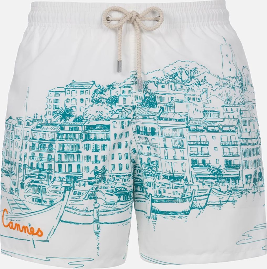 Man mid-length Gustavia swim-shorts with Cannes placed print