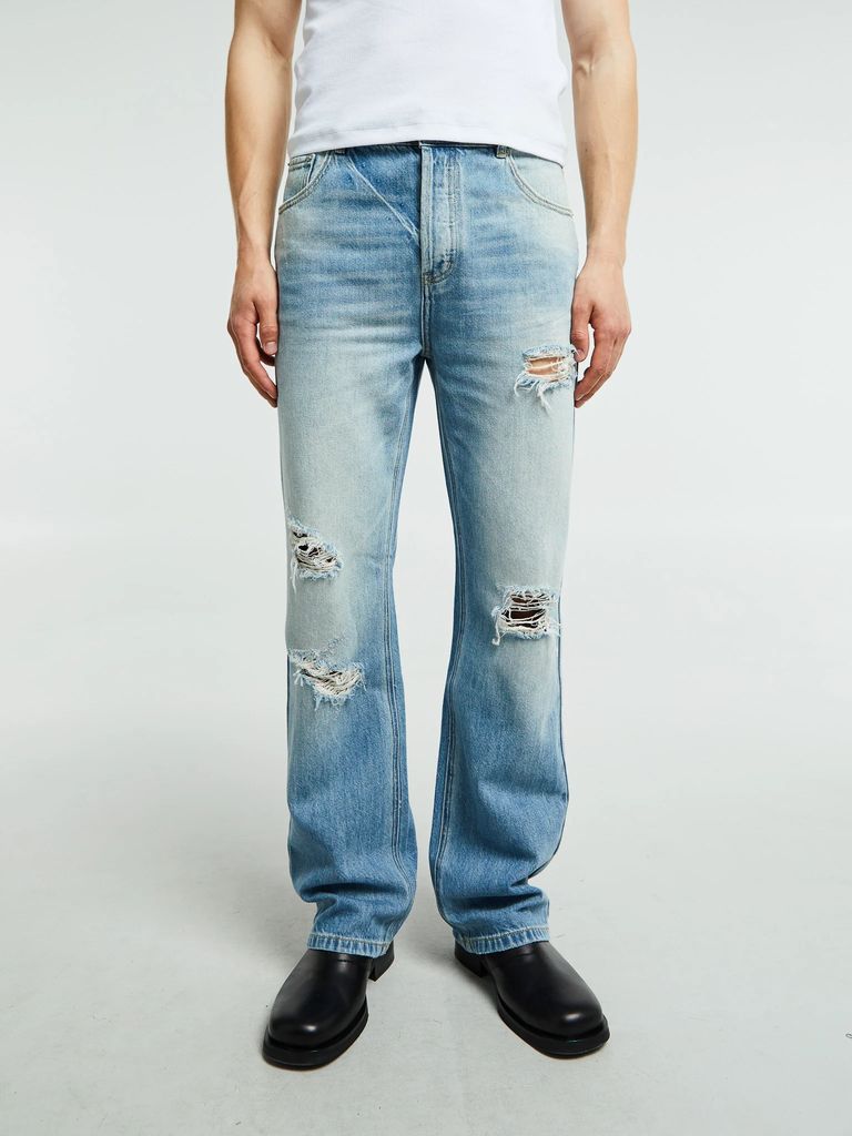 Relaxed Distressed Front Jeans i Blå