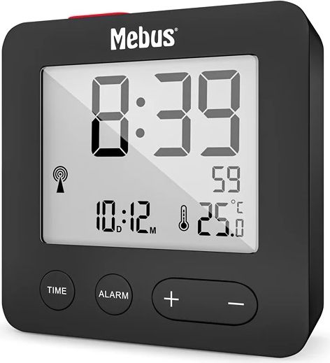 Mebus Funkwecker mit Temperaturanzeige, kompakt in Reisegröße, Funkuhr DCF77 Alarm mit Weckwiederholung Snooze Datum, Displaybeleuchtung, Farbe: Schwarz, Modell: 25801