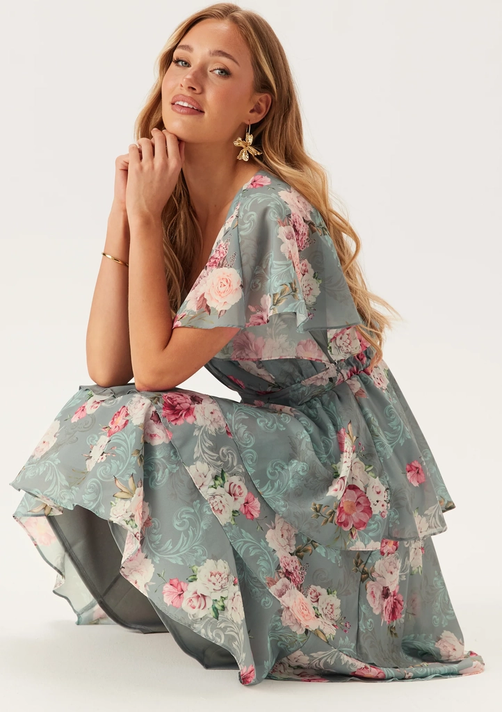 Goddiva Floral Flutter Tiered Midi Dress