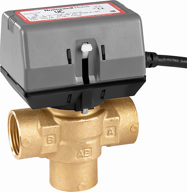Honeywell VC 3-vejs zoneventil - 1'' 230 V aux switch, 2-leder + fase. ON/OFF. Kvs. 7,7 m3/t, 95C