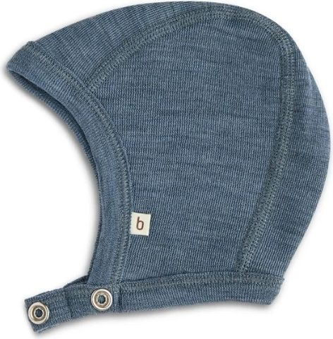 Baby Hjelm Med Trykknapper I 100% Økologisk Merino Uld, Tynd Kvalitet - 1 Lag Stof 74/80 Blue Melange