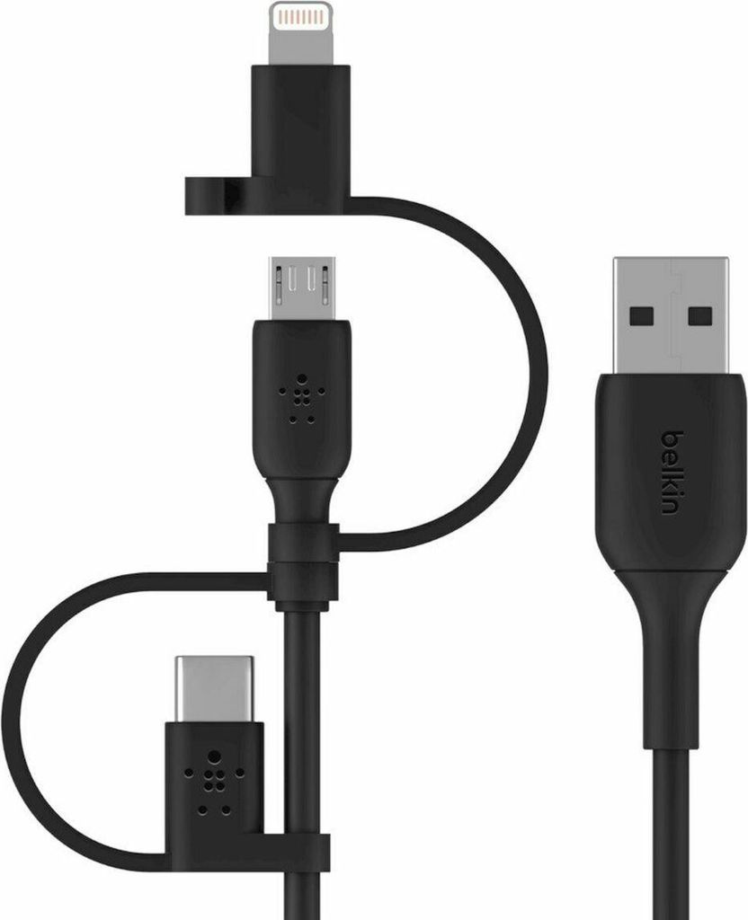 Belkin USB-kabel 3-i-1 (USB-A til Lightning/Micro-USB/USB-C), sort 1 m