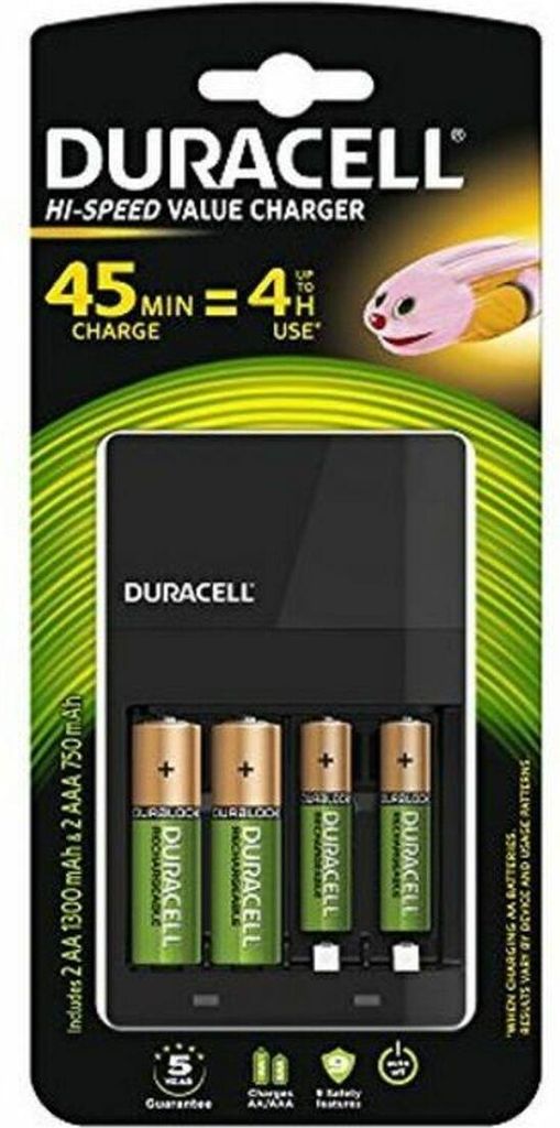 Duracell CEF14 oplader med 2×AA + 2×AAA genopladelige batterier, 1300 mAh