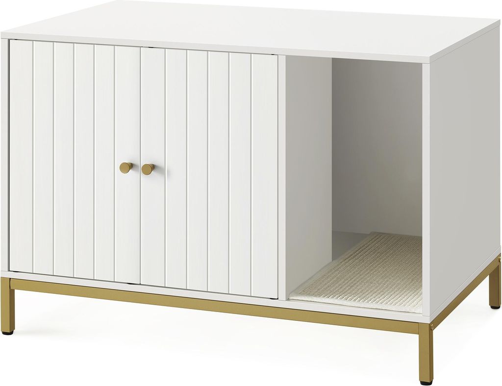 Kattebakke skab – FEANDREA skjult kattemøbel med kradsemåtte, høje ben, sidebord, 80 × 50 × 55 cm, hvid/guld