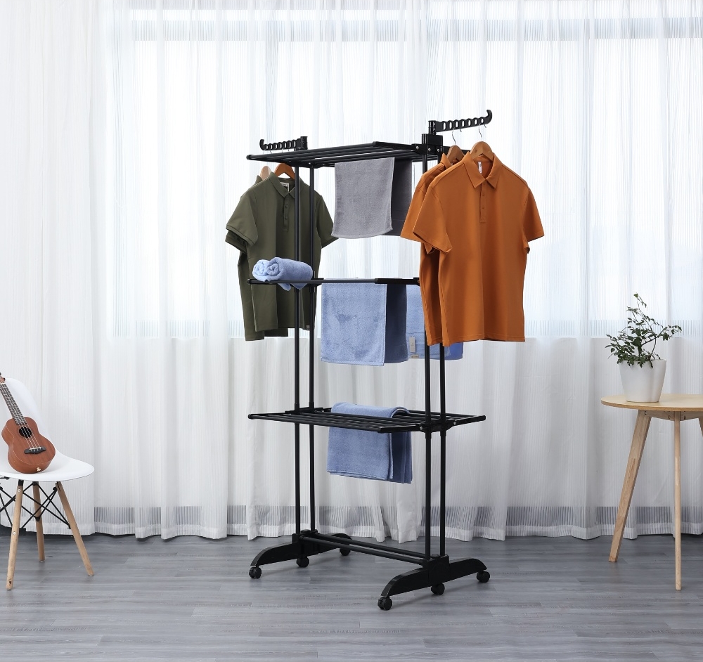 RACK Flex - Tørrestativ / Tøjstativ - sammenklappelig design - 3 niveauer med 8 alu stænger - Sort