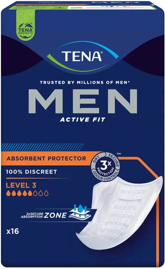 tena men discreet protection - kr. 130,- pr. pakke, se udvalget her.
