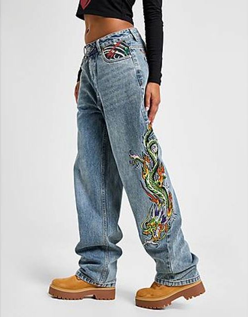 Ed Hardy Crawling Dragon Relaxed Jeans - Blå