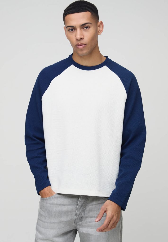 boohooMAN Oversized Boxy Heavyweight Waffle Raglan T-Shirt - Navy