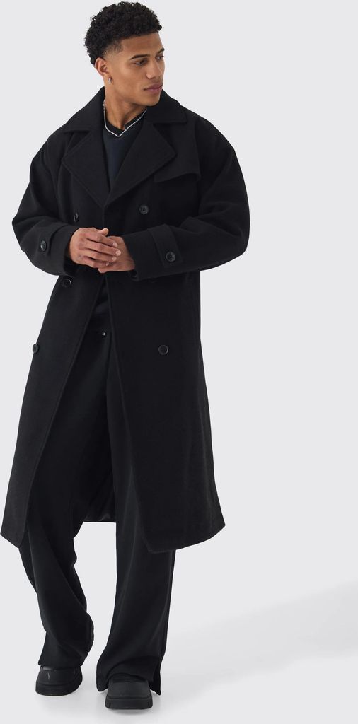 boohooMAN Oversized Double Breasted Trench Overcoat - Black