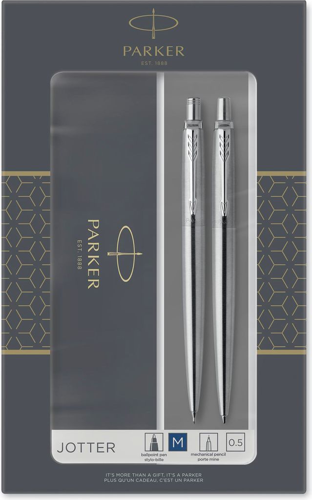 Parker Dubbel Jotter presentset med penna och blyertspenna (0,5 mm) | Rostfritt stål med kromdetaljer | Blå bläckpatron