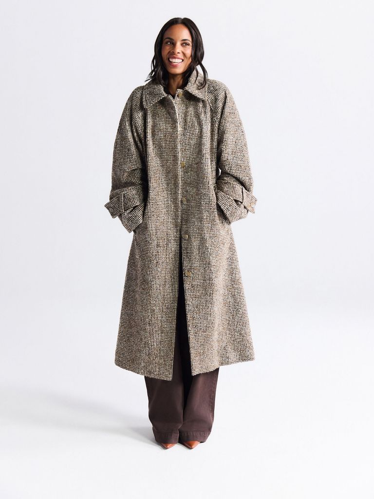 neutral houndstooth single breasted longline collared coat