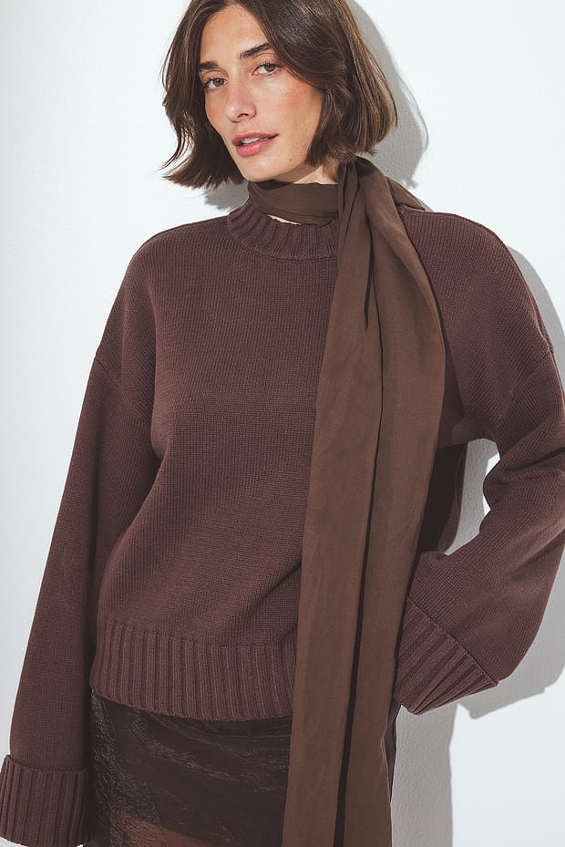 FOLDED SLEEVE KNITTED  - Striktrøje - dark brown