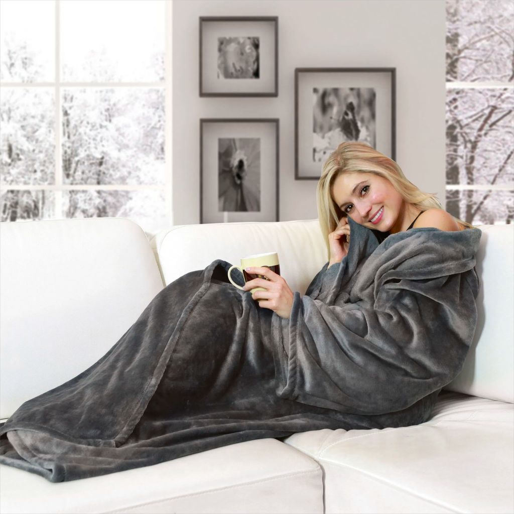 snuggle blanket snuggle fleece blanket xl with sleeves grey 170x200cm