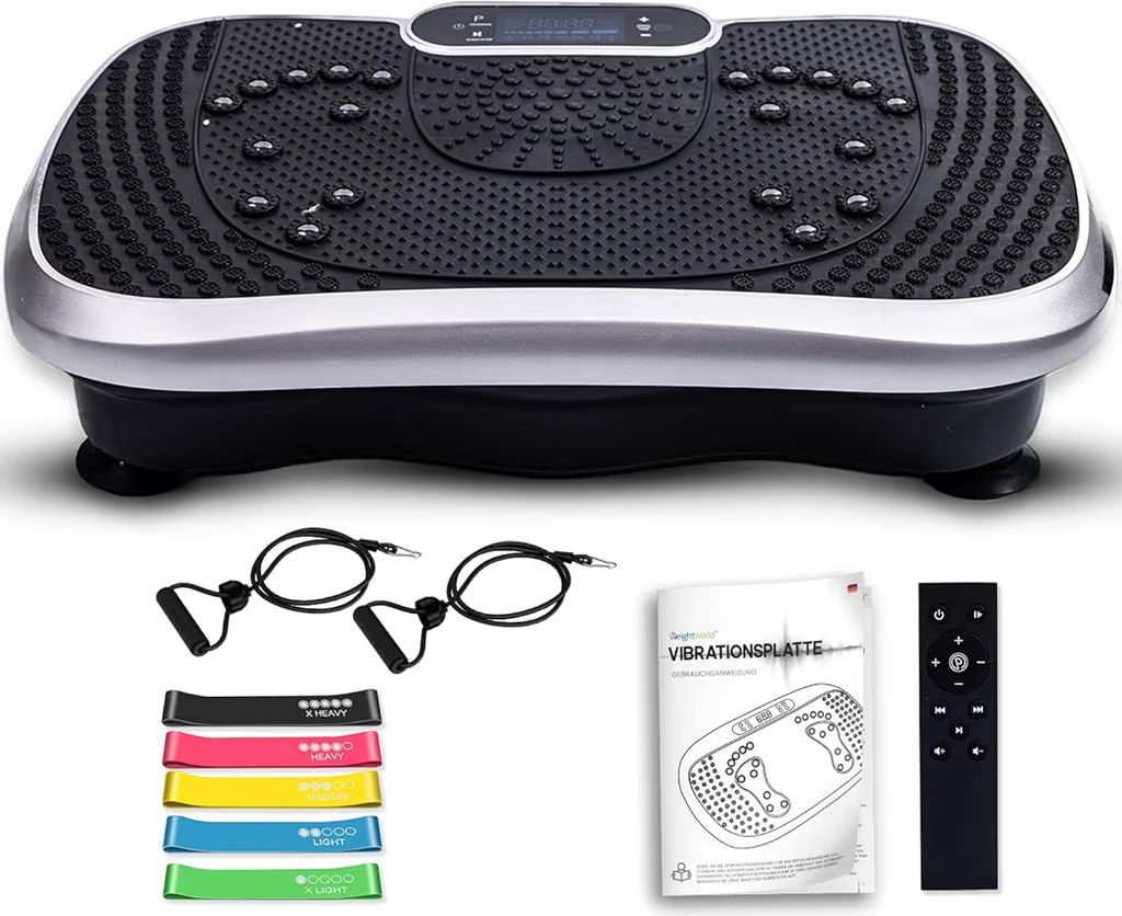 vibration plate - fitness equipment for home - 99 intensity levels - 5 training programmes - massager & sports device with bluetooth for home workout - with resistance bands weightworld