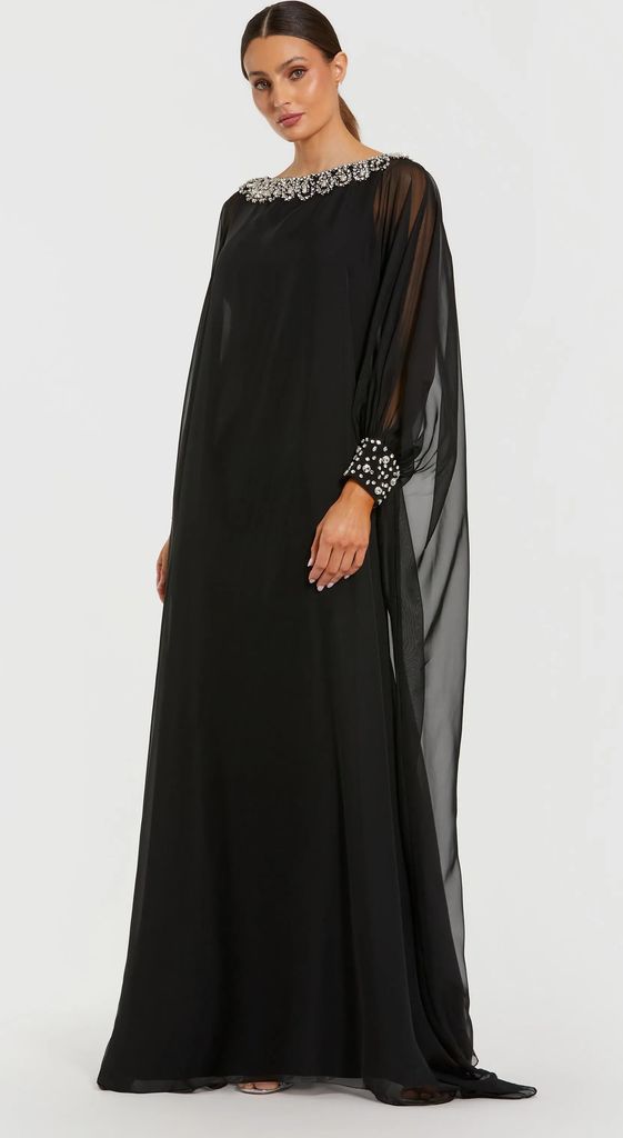 black long sleeve embellished chiffon kaftan gown