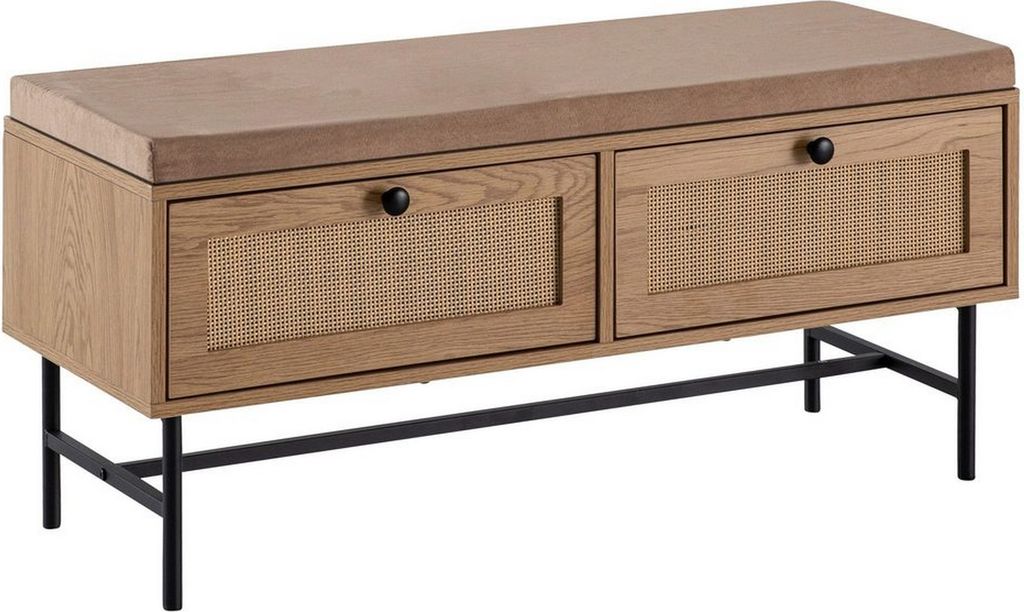 Skobænk med stofsæde 100x48x38 cm, entrébænk med egetræsdekor, lille polstret rattanbænk, smal entrébænk med opbevaring, entrébænk møbler med skuffer